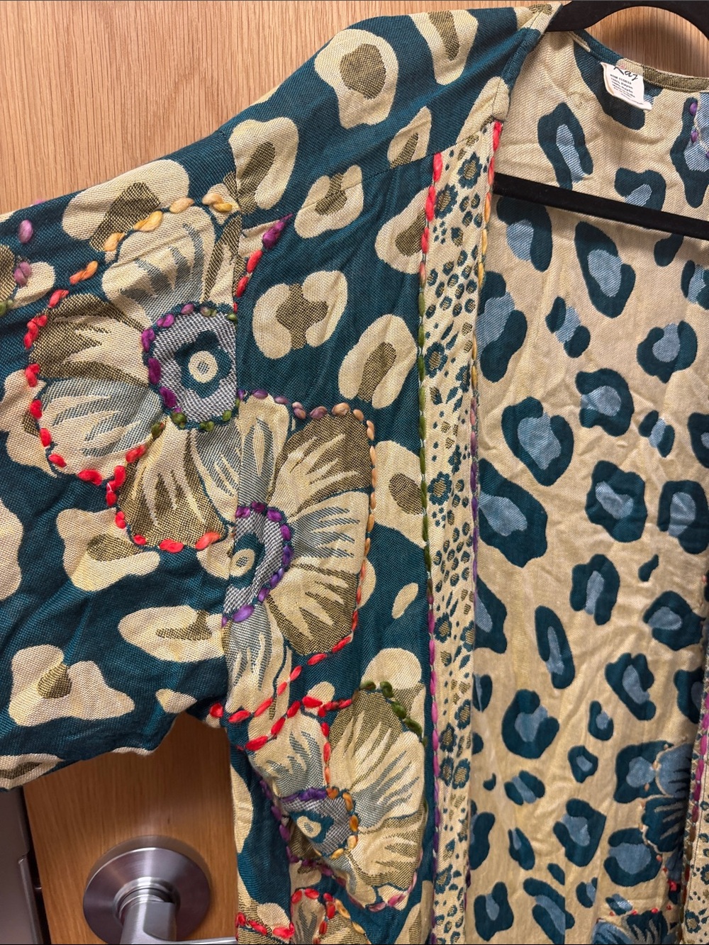 Raj Teal and Beige Abstract Floral and Leopard Print Bohemian Kimono Duster - Picture 9 of 9